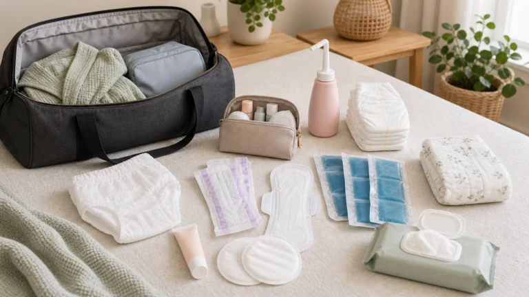 What hospitals provide after birth with postpartum pads, mesh underwear, peri bottle, cold packs, nipple cream, nursing pads, diapers, and wipes