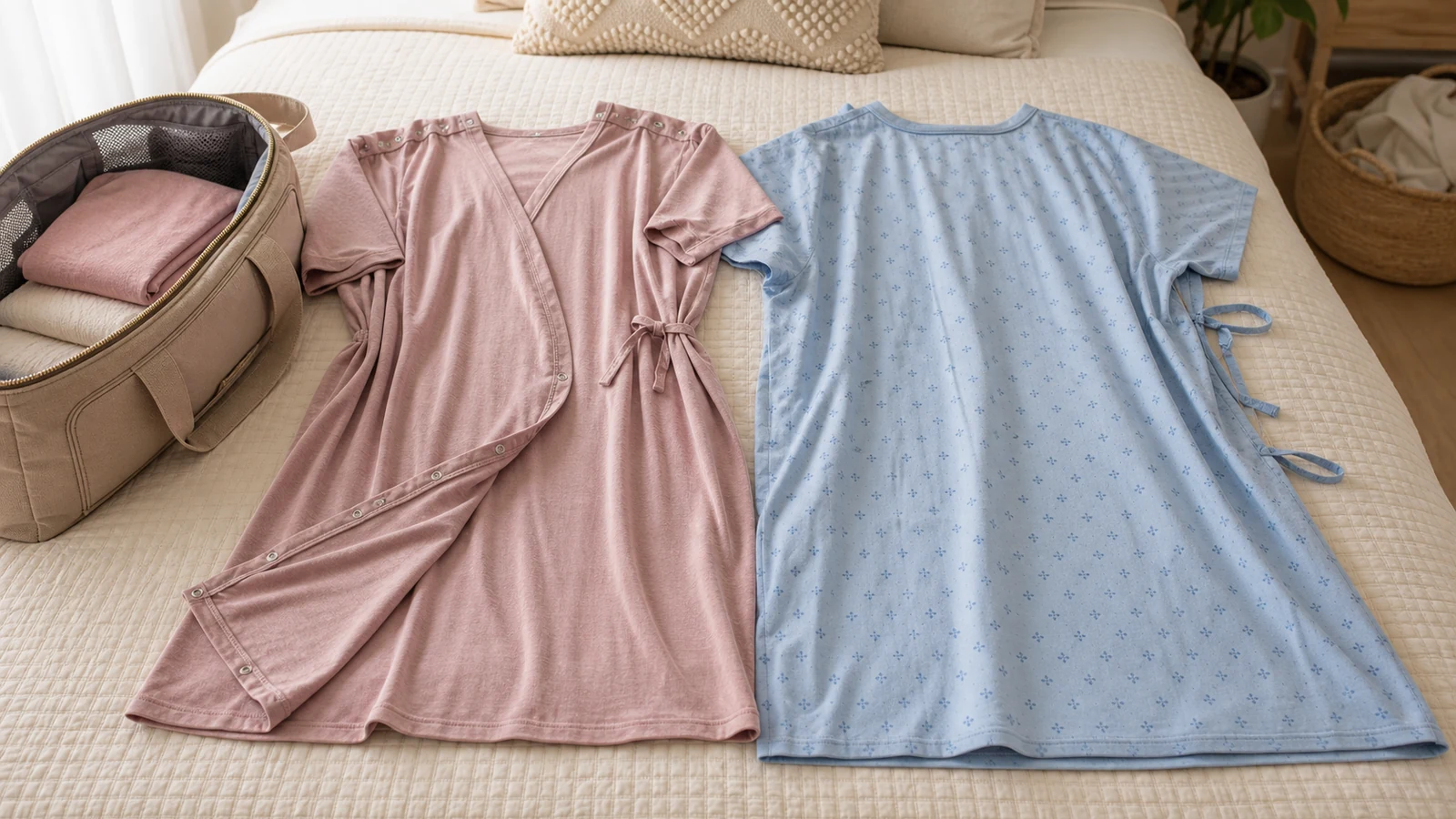 Labor gown vs hospital gown comparison with two gowns arranged beside a packed delivery bag