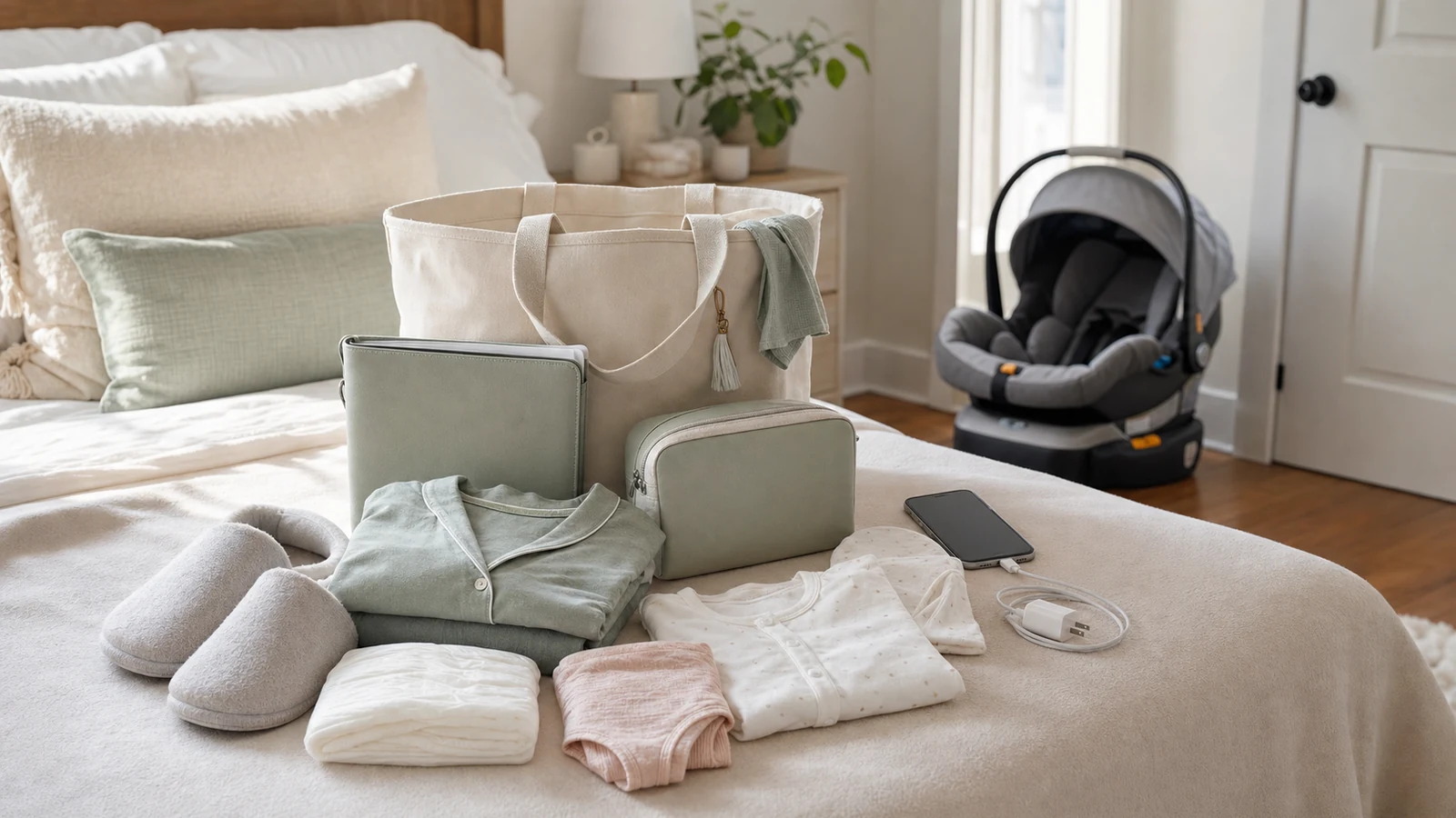 Minimalist hospital bag checklist items arranged beside one light birth bag