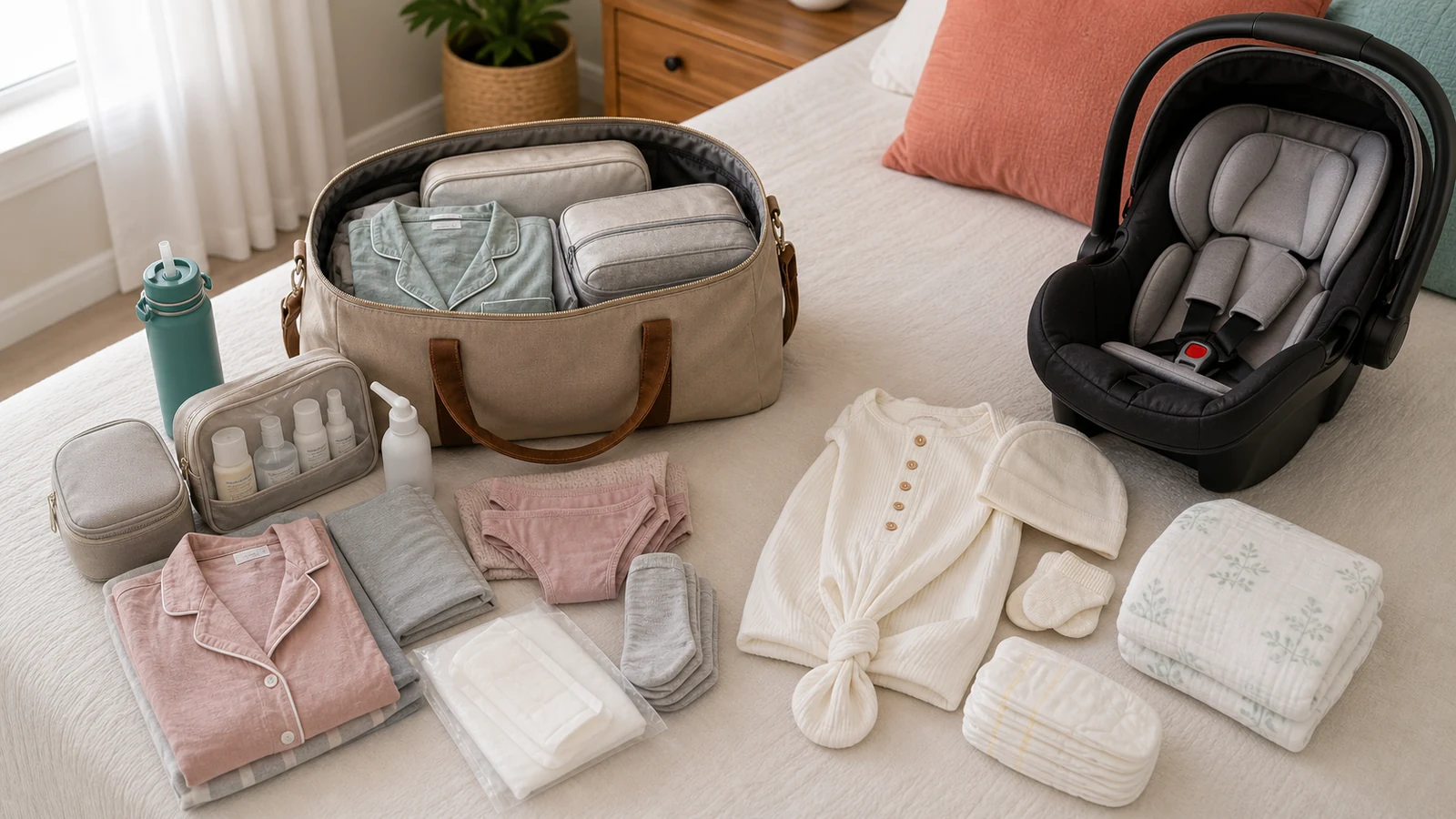 Mom vs baby hospital bag with separate mom recovery items and baby discharge essentials