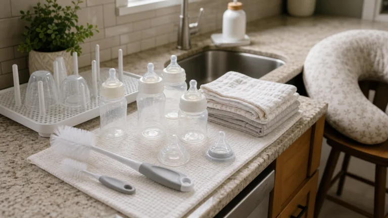 Newborn bottles not working with baby bottles, bottle brush, burp cloths, and drying rack on a kitchen counter