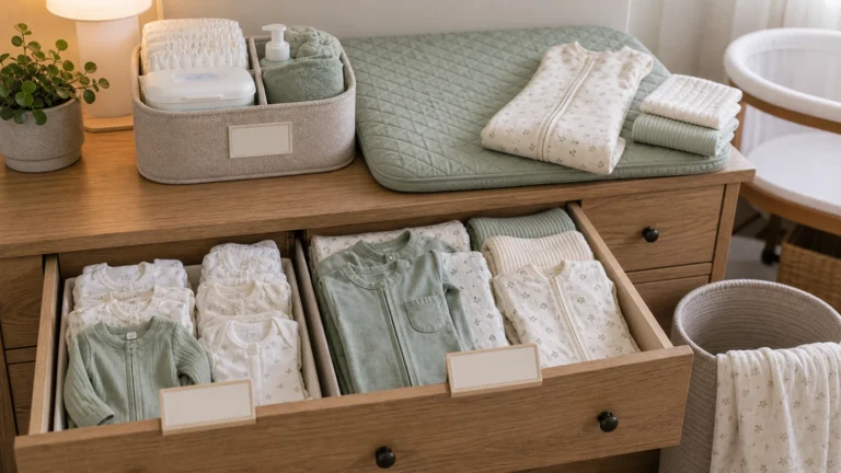 Newborn clothes too small with tiny sleepers, next size bodysuits, folded baby clothes, sleep sack, and organized nursery drawer