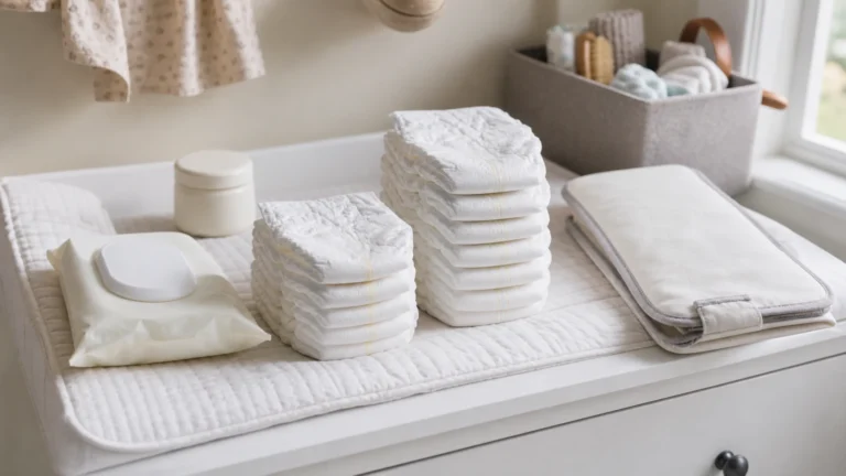 Newborn diapers too small with newborn and size up diapers on a nursery changing table