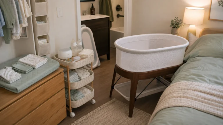 Newborn essentials for apartment living arranged in a compact nursery corner with bassinet, diaper caddy, changing pad, baby bath tub, and storage