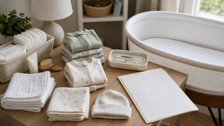 Newborn essentials for preemie baby arranged beside a safe bassinet