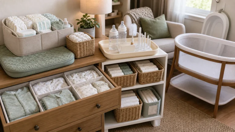 Newborn essentials storage ideas with diaper caddy, drawer dividers, baskets, bottle cleaning tray, and clear bassinet