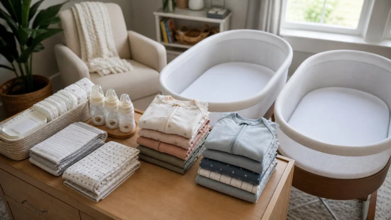 Newborn essentials for twins arranged with two bassinets and shared baby supplies