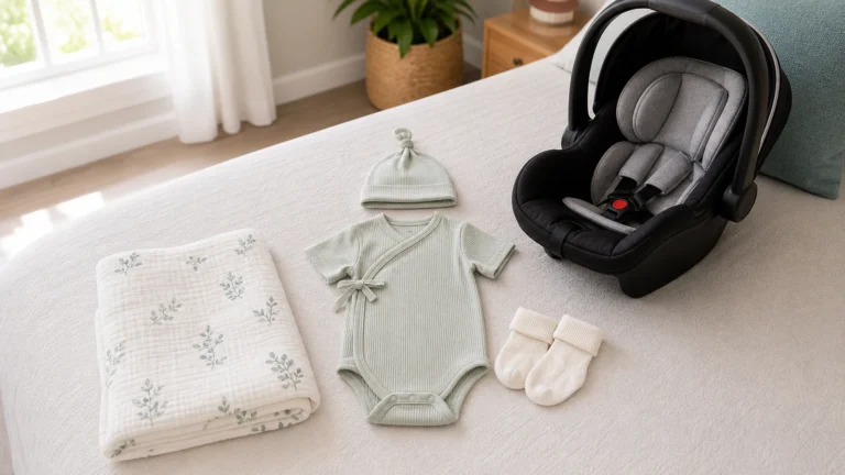 Light newborn going home outfit for summer with muslin swaddle and infant car seat