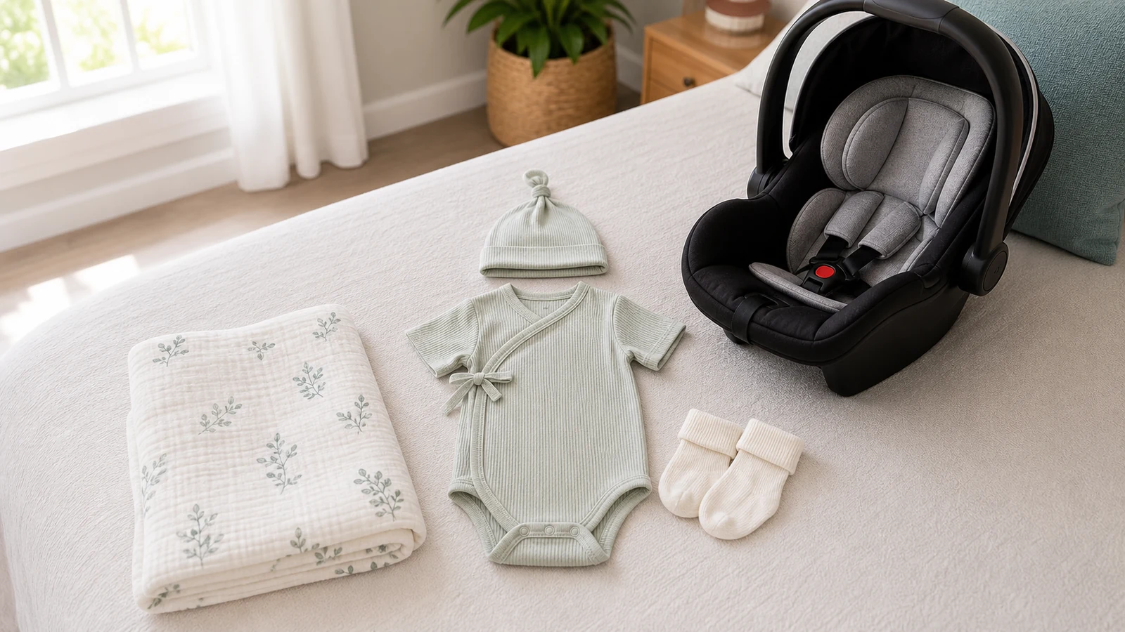 Light newborn going home outfit for summer with muslin swaddle and infant car seat