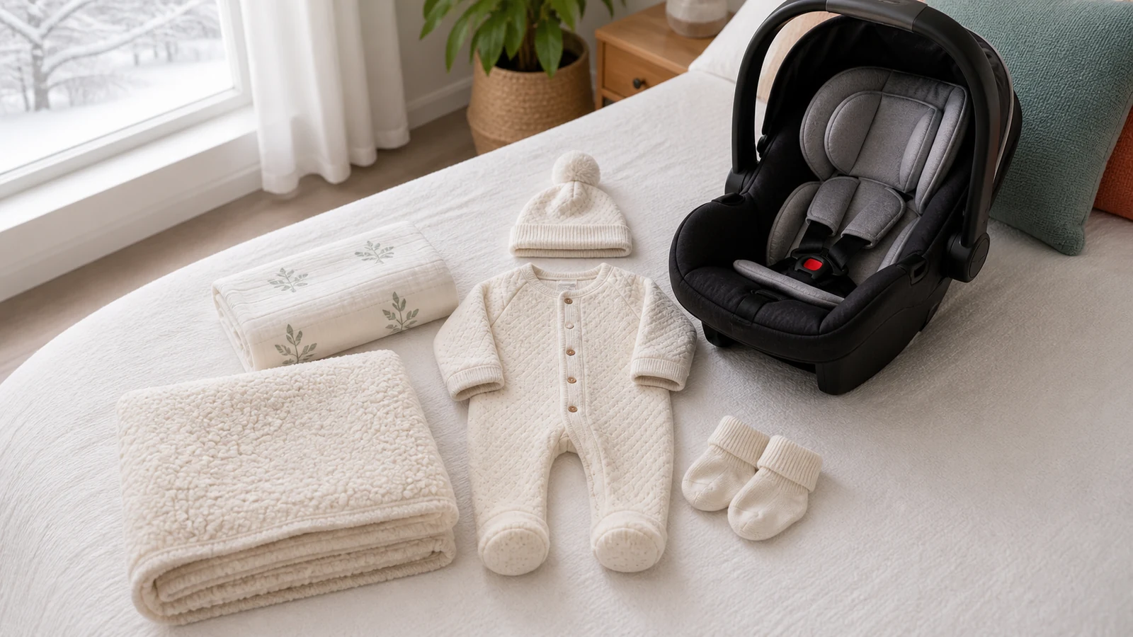 Newborn going home outfit winter with car seat warm blanket and soft layers