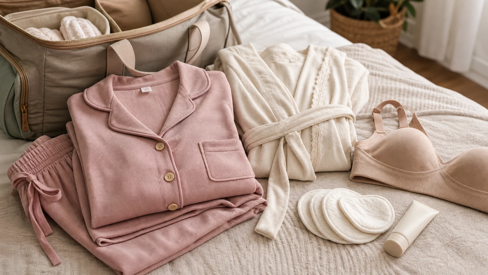 Nursing pajamas hospital bag setup with button-front sleepwear, robe, nursing bra, pads, and cream