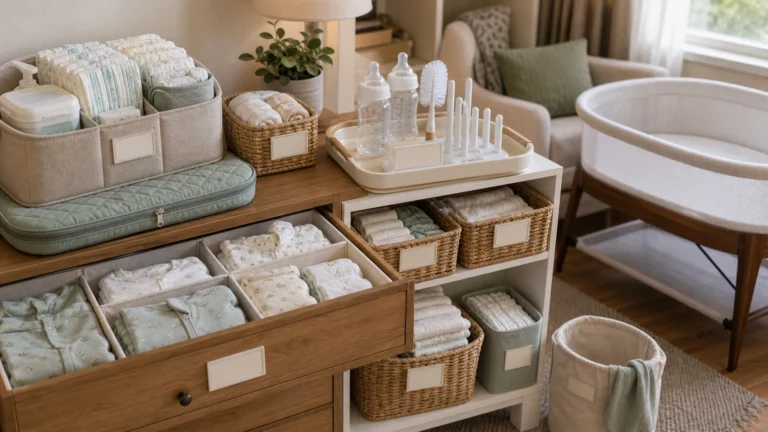 How to organize newborn essentials with diaper caddy, changing pad, drawer dividers, burp cloths, bottles, and clear bassinet