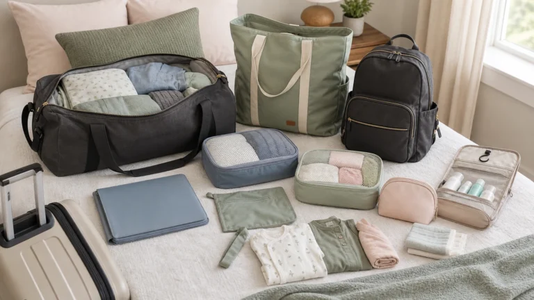 How to pack hospital bag with duffel, packing cubes, toiletry kit, wet dry bag, document folder, and baby discharge bag