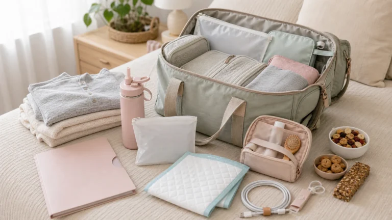How to repack hospital bag after false labor with open duffel bag, packing cubes, toiletries, wet dry bag, charger, water bottle, document folder, and waterproof underpad