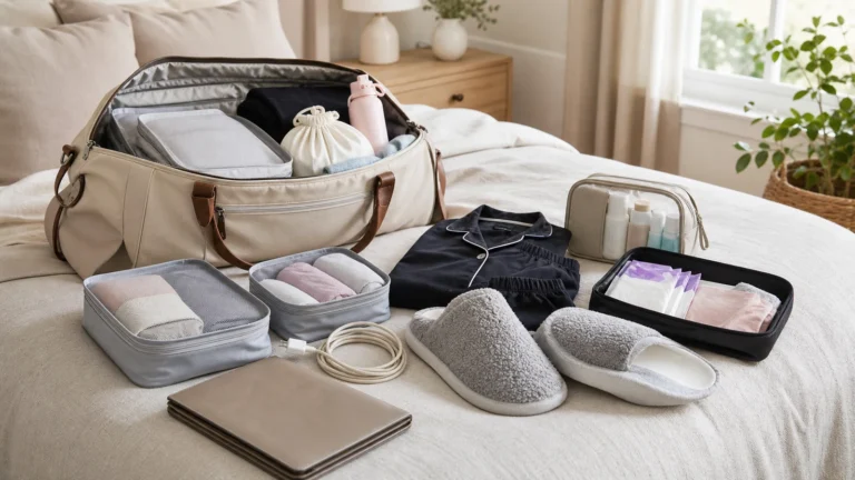 Scheduled induction hospital bag packed with documents, charger, toiletries, clothes, and postpartum basics