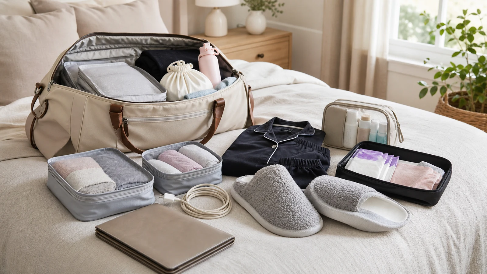 Scheduled induction hospital bag packed with documents, charger, toiletries, clothes, and postpartum basics