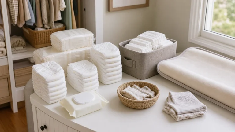 Too many newborn diapers sorted into stacks in a nursery with wipes, storage bin, and changing pad