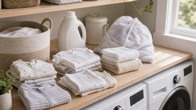 How to wash newborn clothes with folded sleepers, bodysuits, burp cloths, mesh laundry bag, and baby detergent