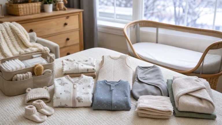 Winter newborn essentials with zipper sleepers bodysuits sleep sack swaddle sack hooded towel hat socks and diaper caddy